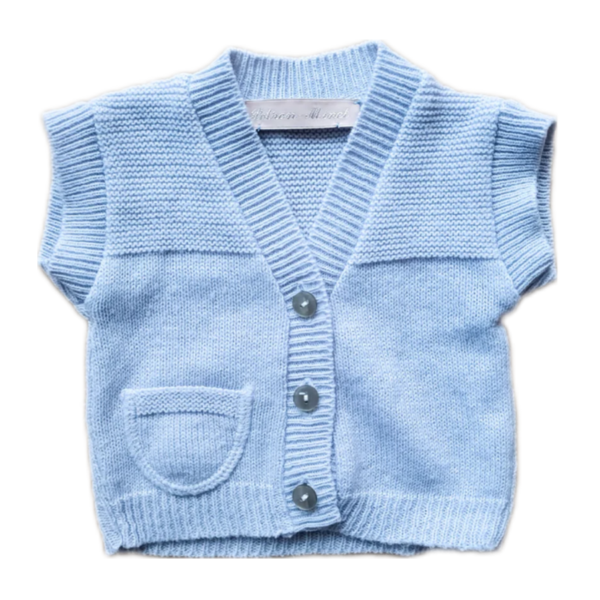 gilet en tricot bleu tricoté à Bourgoin-Jallieu pour cadeau bébé garçon